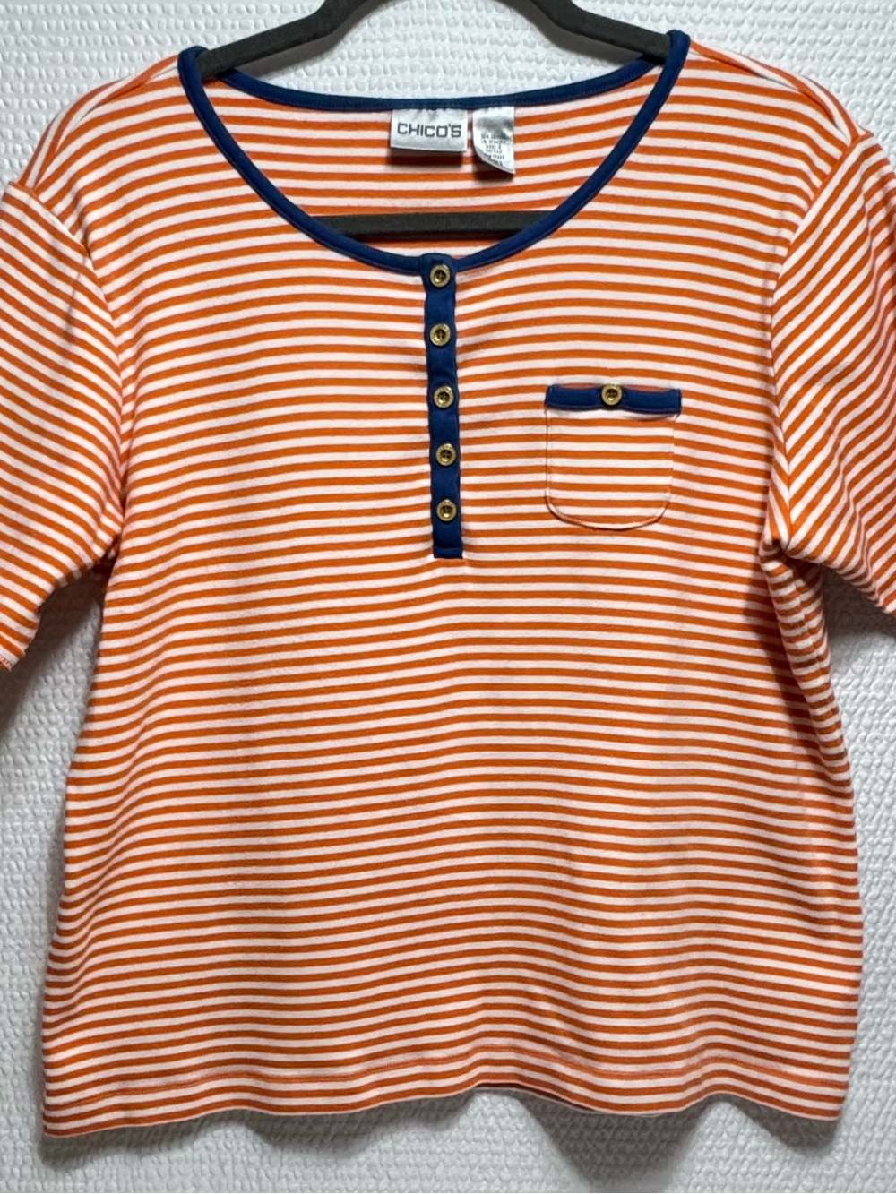 Chico's Girls' Orange & White Striped Henley Top with Navy Trim